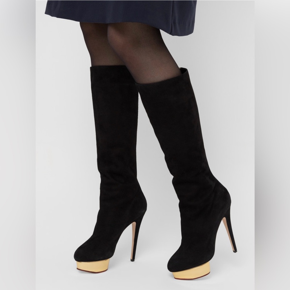 Charlotte Olympia Black Heeled Boots with Gold Tips, pre-owned